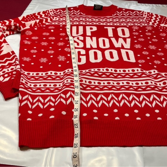 Red White Ugly Christmas Sweater "Up To Snow Good" Large Tall Winter Snow Trees - Picture 3 of 13